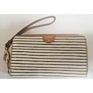 FOSSIL black & white striped coated canvas wristlet wallet brown leather trim